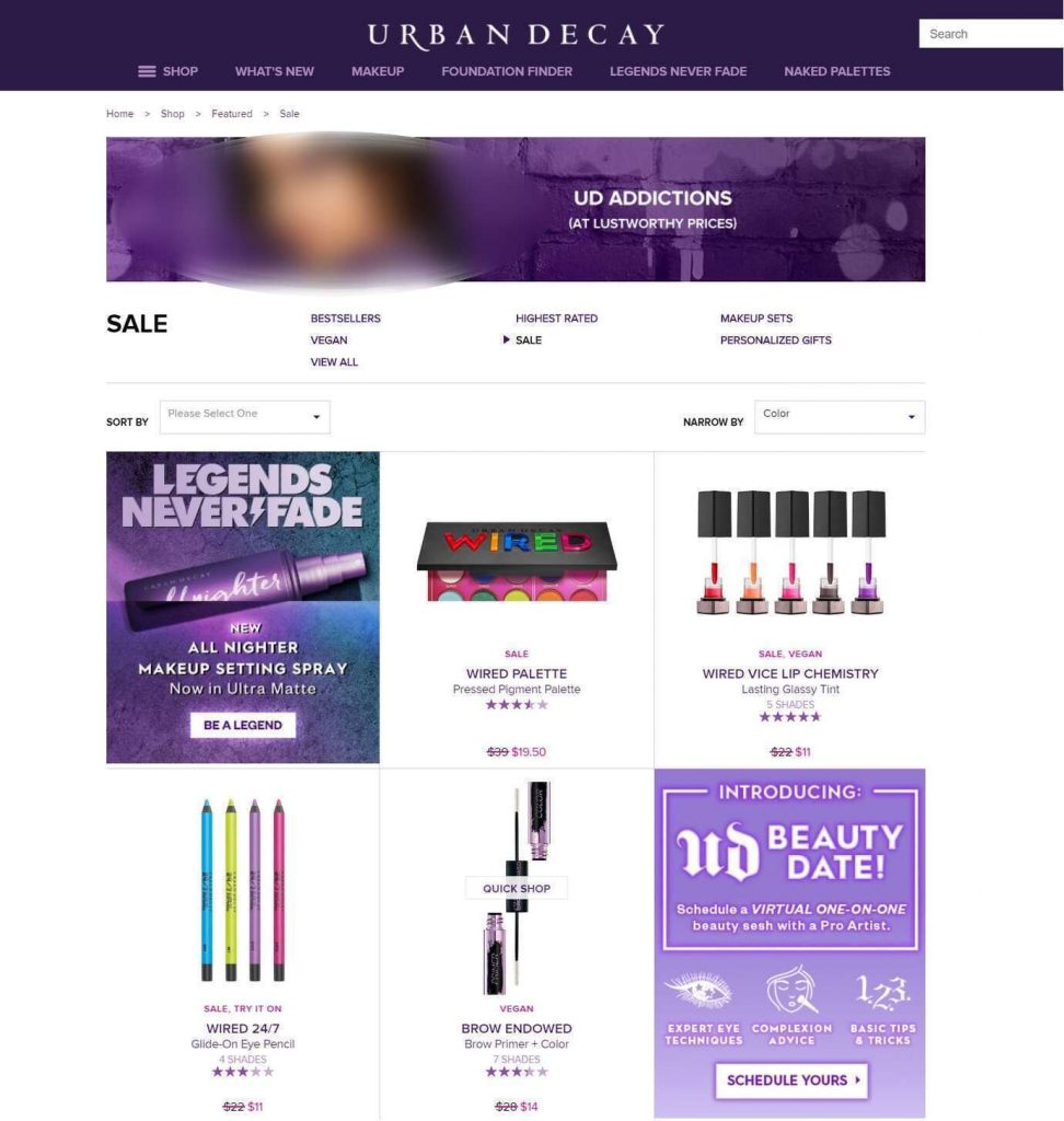 page from the official Urban Decay website with internal banners