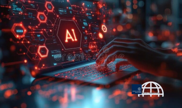 Futuristic AI laptop with glowing hexagonal interface and neon circuits, hands typing – AI career opportunities 2026 | Radeya Global