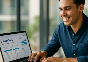 Smiling young man researching summer internships on his laptop, representing successful internship hunting in 2026 | Radeya Global