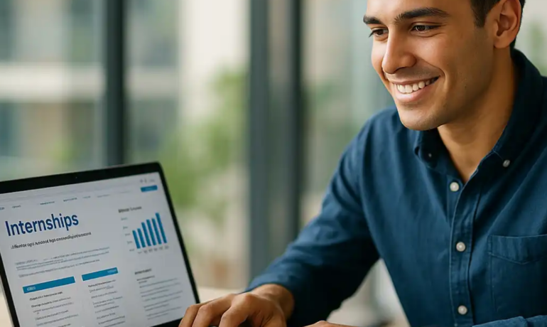 Smiling young man researching summer internships on his laptop, representing successful internship hunting in 2026 | Radeya Global