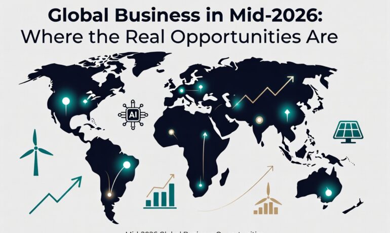 Stylized world map illustration highlighting global business opportunities in mid-2026 with glowing connection points, AI, green energy, and growth icons | Radeya Global