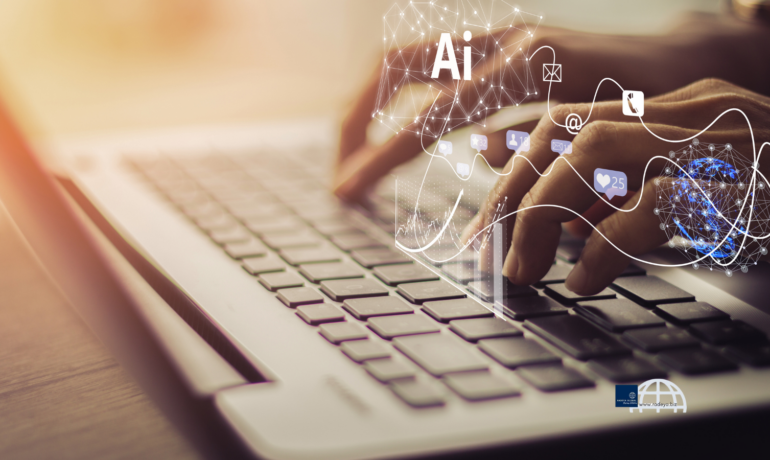 Hands typing on a laptop with futuristic AI technology overlays, digital networks, graphs and icons – Exploring AI and tech trends in mid-2026 | Radeya Global