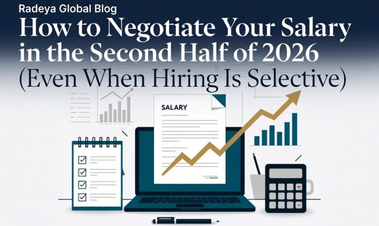 Modern flat design illustration showing salary negotiation elements — laptop with salary document, upward growth arrow, checklist, calculator and pen — Salary Negotiation Strategies 2026 | Radeya Global