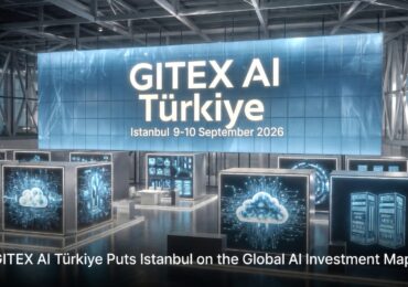 Modern exhibition hall at GITEX AI Türkiye 2026 in Istanbul, featuring a large LED screen displaying the event name and dates 9–10 September 2026, with abstract digital displays of cloud computing, circuits, and server infrastructure, and the article title “GITEX AI Türkiye Puts Istanbul on the Global AI Investment Map” at the bottom.