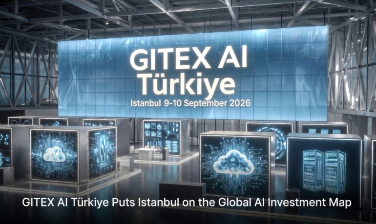 Modern exhibition hall at GITEX AI Türkiye 2026 in Istanbul, featuring a large LED screen displaying the event name and dates 9–10 September 2026, with abstract digital displays of cloud computing, circuits, and server infrastructure, and the article title “GITEX AI Türkiye Puts Istanbul on the Global AI Investment Map” at the bottom.