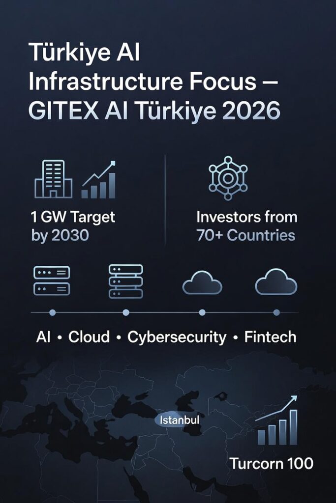 Infographic on Türkiye’s AI infrastructure focus at GITEX AI Türkiye 2026, showing a 1 GW data-center capacity target by 2030, investors from over 70 countries, key themes of AI, cloud, cybersecurity and fintech, Istanbul as a Eurasia hub, and the Turcorn 100 program.
