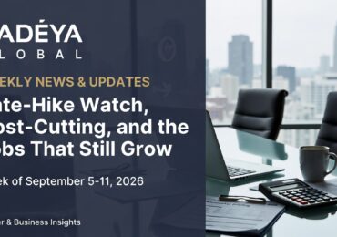 Editorial still-life of a glass conference table, closed laptop, and printed briefing pages beside a city skyline window. Overlay text reads: Radeya Global Weekly News & Updates. Rate-Hike Watch, Cost-Cutting, and the Jobs That Still Grow. Week of September 5–11, 2026. Career & Business Insights.