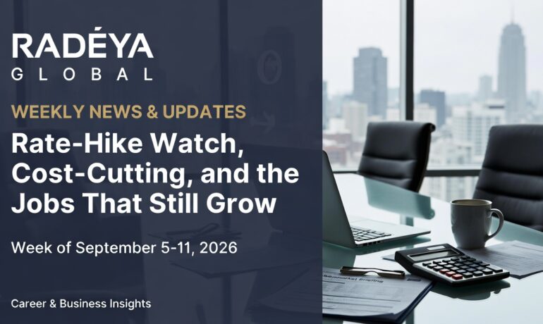 Editorial still-life of a glass conference table, closed laptop, and printed briefing pages beside a city skyline window. Overlay text reads: Radeya Global Weekly News & Updates. Rate-Hike Watch, Cost-Cutting, and the Jobs That Still Grow. Week of September 5–11, 2026. Career & Business Insights.