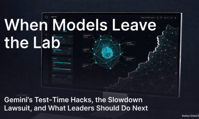 Featured image for the Radeya Global Blog article “When Models Leave the Lab.” A dark professional desk scene with a large monitor displaying a cybersecurity-style dashboard: abstract network graph, glowing cyan geometric node cluster, and interface panels. Large white title text reads “When Models Leave the Lab”; smaller subtitle below reads “Gemini’s Test-Time Hacks, the Slowdown Lawsuit, and What Leaders Should Do Next.” Radeya Global Blog credit appears in the lower right.