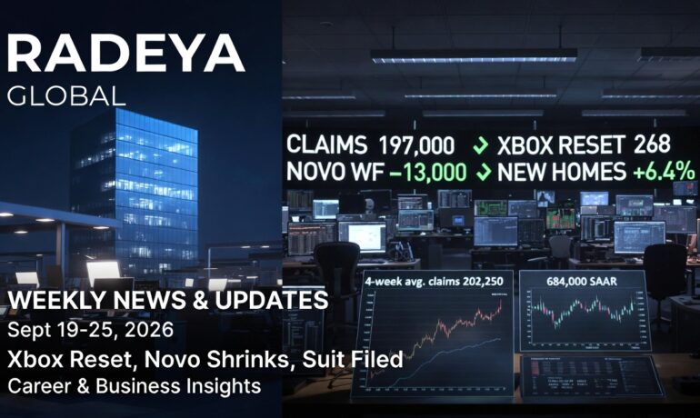 Night view of a glass office tower beside a corporate operations floor with an LED board showing claims, Xbox, and workforce figures; white title text reads Weekly News & Updates, Sept 19–25, 2026, Xbox Reset, Novo Shrinks, Suit Filed, Career & Business Insights, Radeya Global.